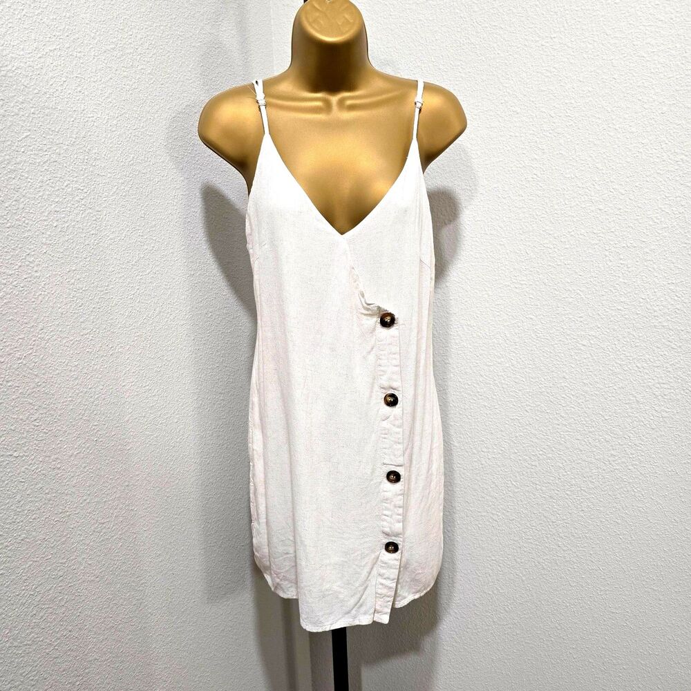 Cream Linen Blend Deep V Mini Dress Med Lined Coastal Minimalist Clean Girl Euro